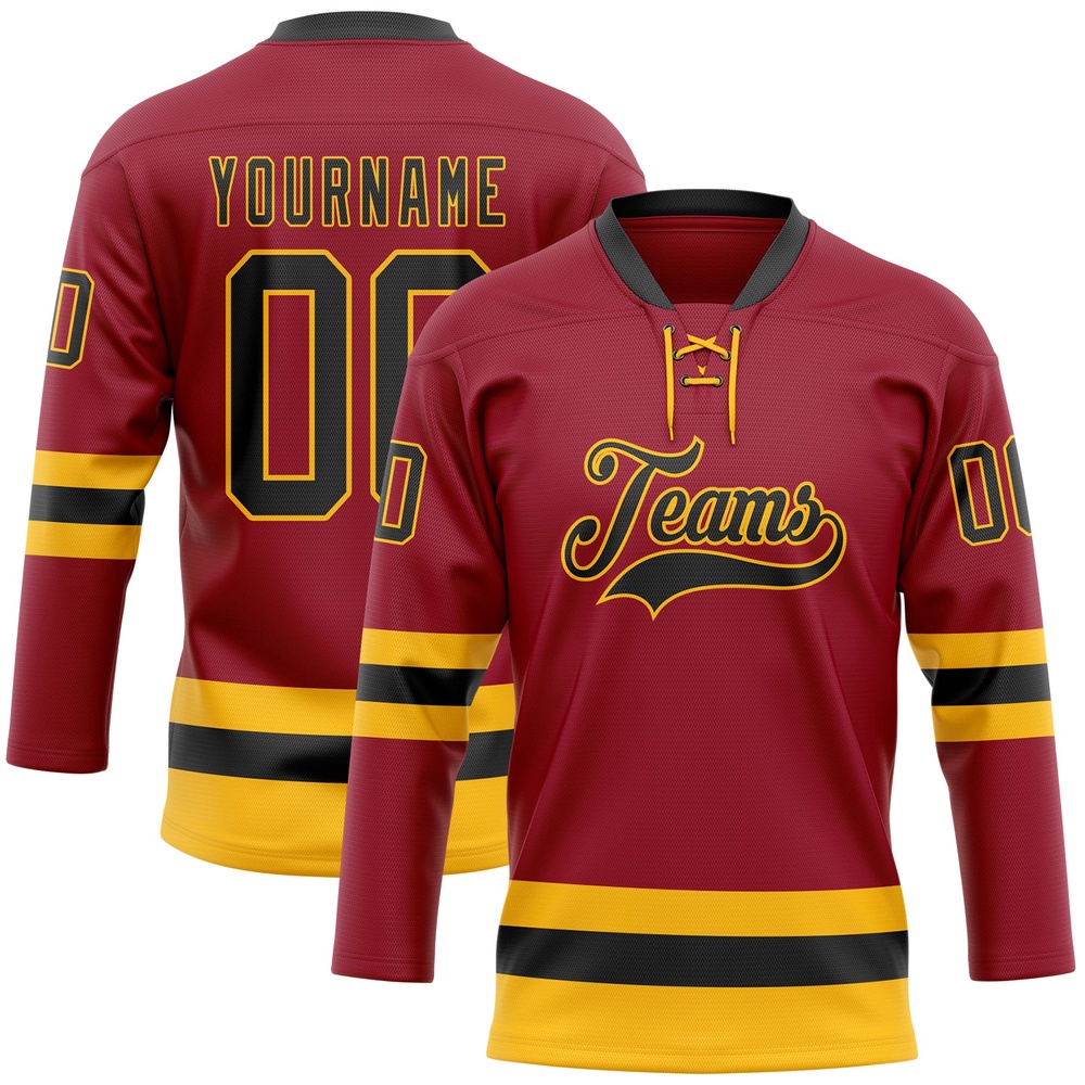 Custom Maroon Black Gold Hockey Lace Neck Jersey, New Hockey Jersey, Personali Sport Team Jersey Shirt