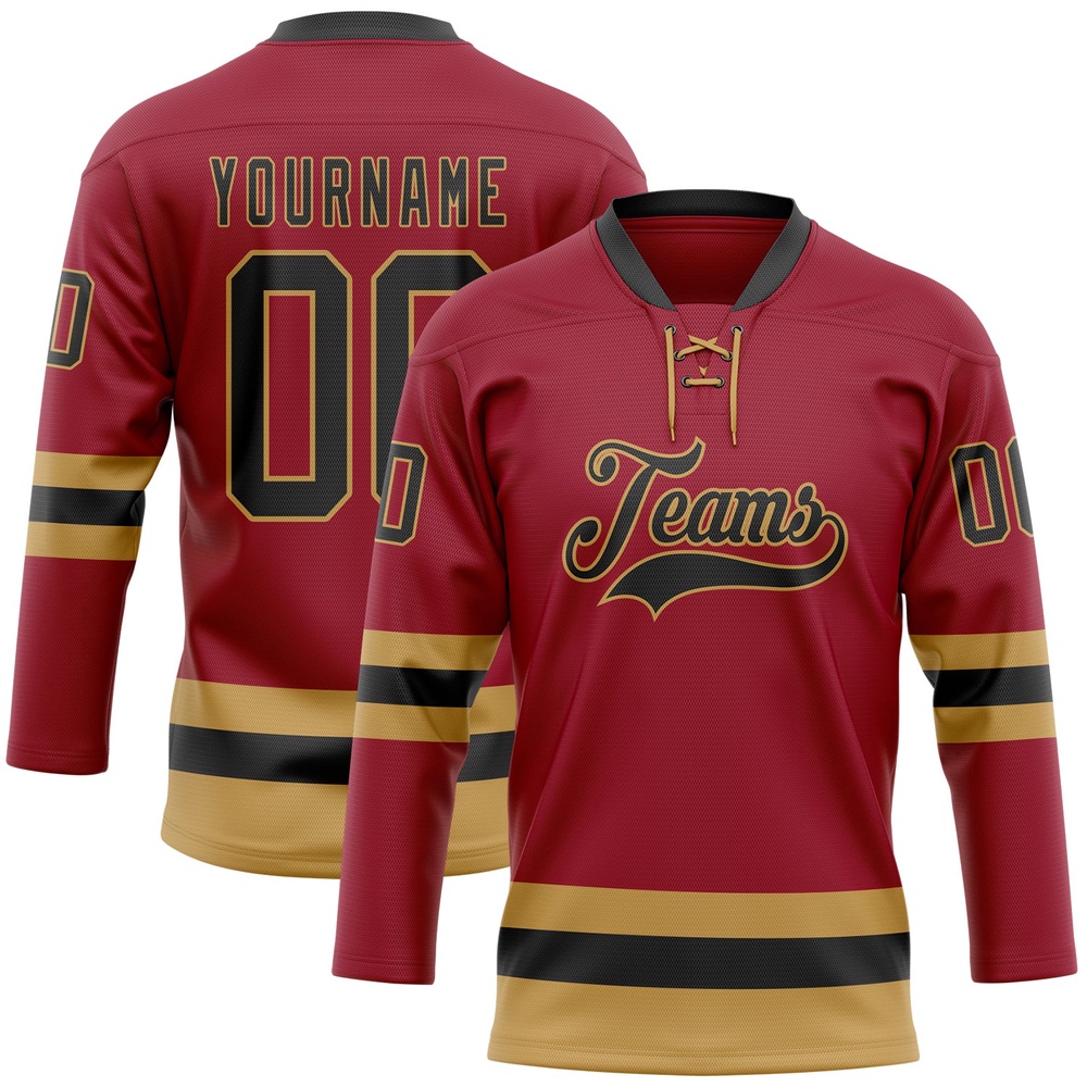 Custom Maroon Black Old Gold Hockey Lace Neck Jersey, New Hockey Jersey, Personali Sport Team Jersey Shirt