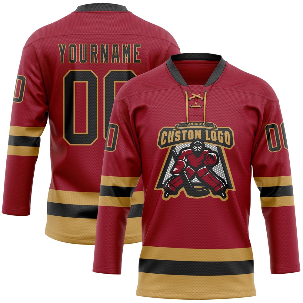 Custom Maroon Black Old Gold Hockey Lace Neck Jersey, New Hockey Jersey, Personali Sport Team Jersey Shirt
