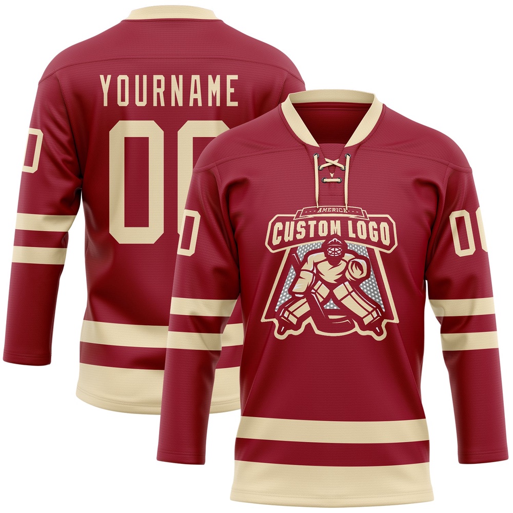 Custom Maroon Cream Hockey Lace Neck Jersey, New Hockey Jersey, Personali Sport Team Jersey Shirt