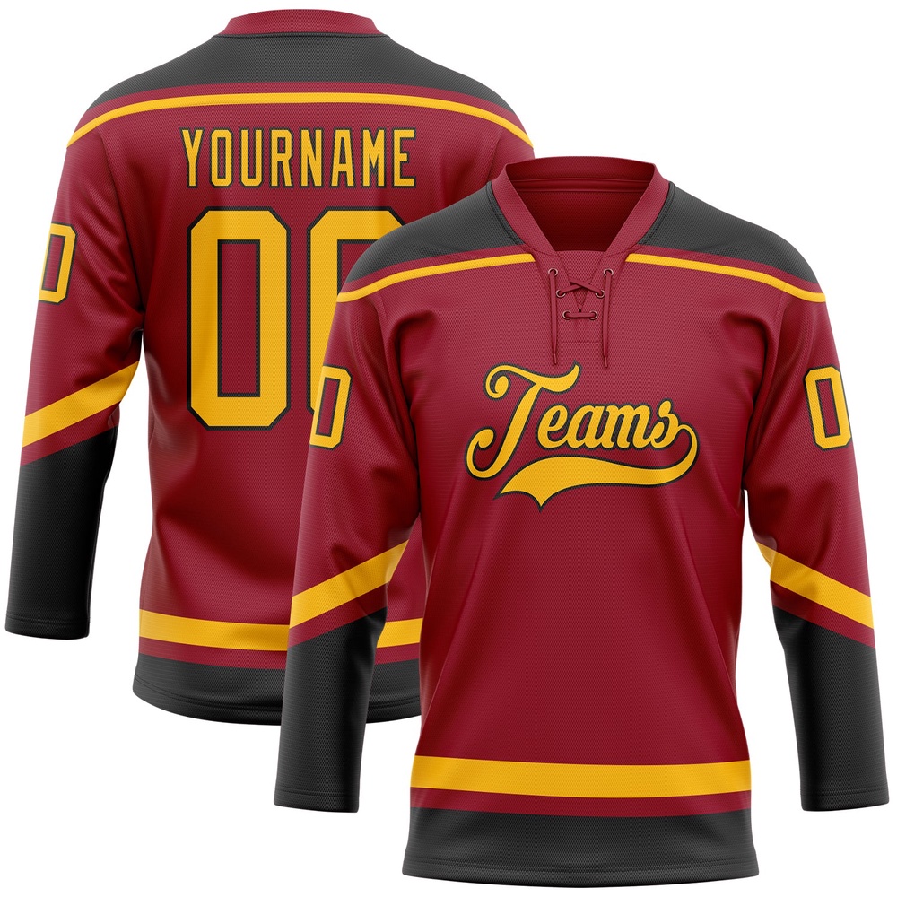Custom Maroon Gold Black Hockey Lace Neck Jersey, New Hockey Jersey, Personali Sport Team Jersey Shirt