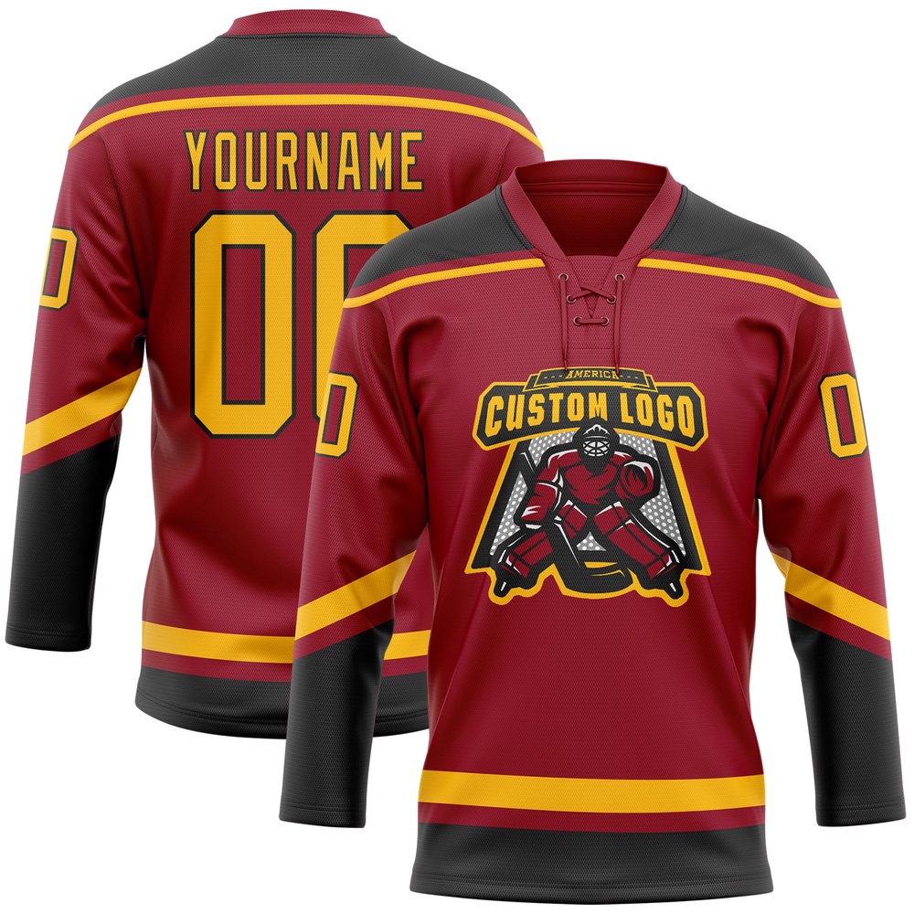 Custom Maroon Gold Black Hockey Lace Neck Jersey, New Hockey Jersey, Personali Sport Team Jersey Shirt