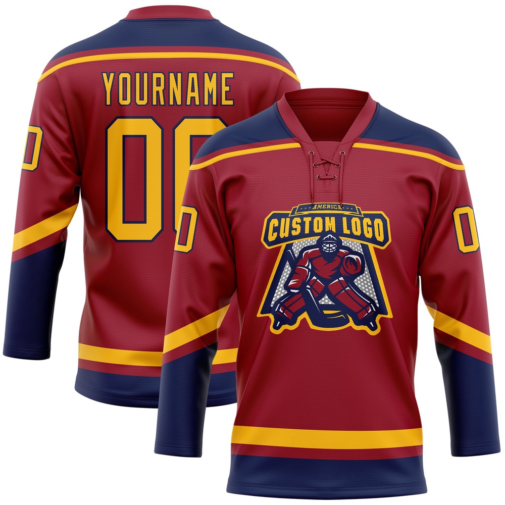 Custom Maroon Gold Navy Hockey Lace Neck Jersey, New Hockey Jersey, Personali Sport Team Jersey Shirt