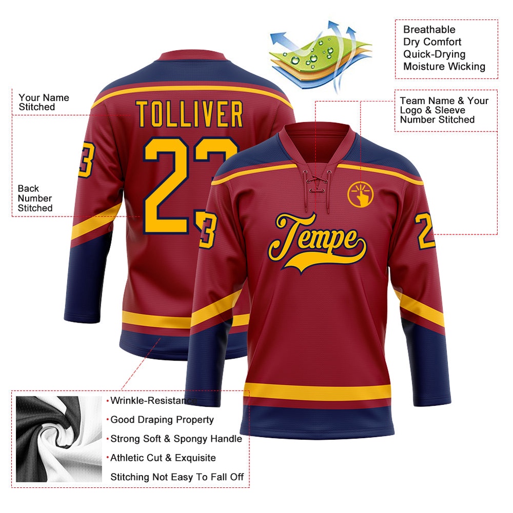 Custom Maroon Gold Navy Hockey Lace Neck Jersey, New Hockey Jersey, Personali Sport Team Jersey Shirt