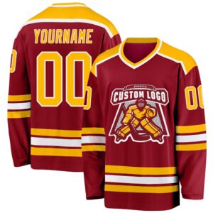 Custom Maroon Gold White Hockey Jersey, New&hellip;