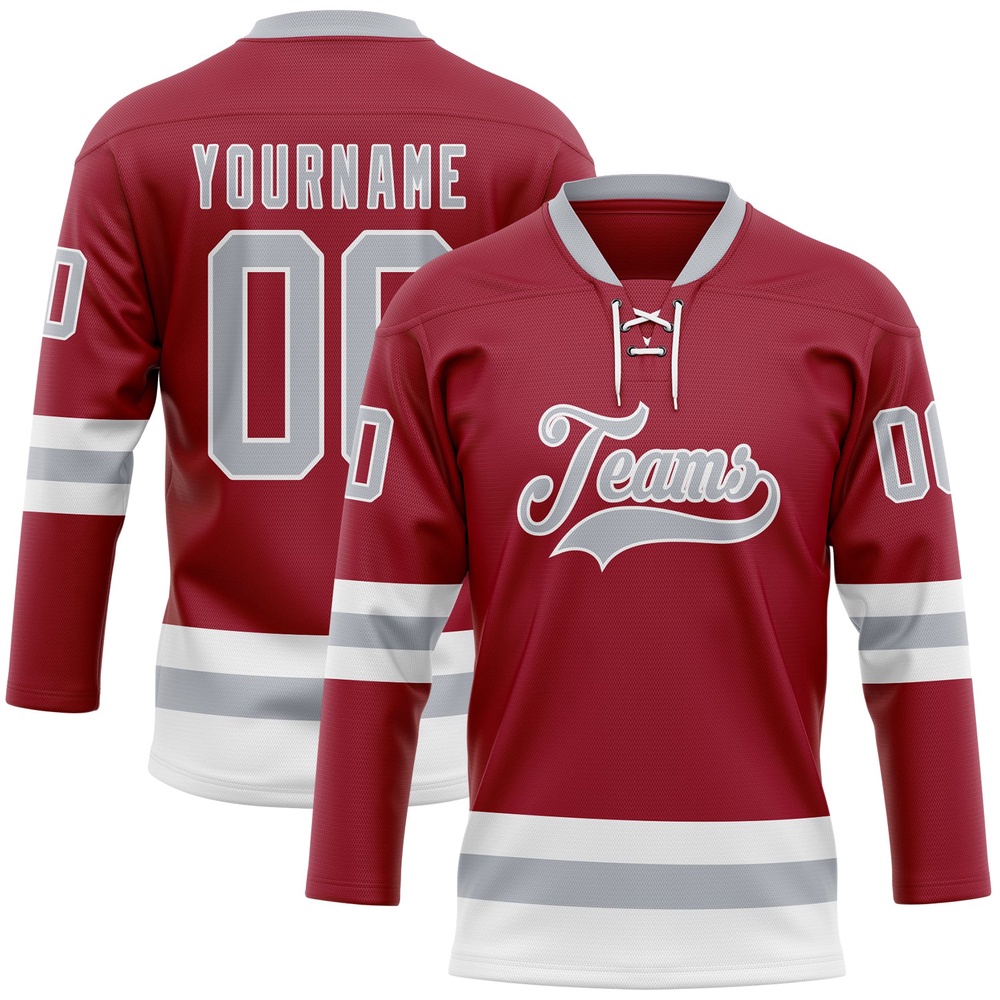 Custom Maroon Gray White Hockey Lace Neck Jersey, New Hockey Jersey, Personali Sport Team Jersey Shirt