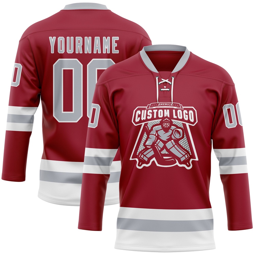 Custom Maroon Gray White Hockey Lace Neck Jersey, New Hockey Jersey, Personali Sport Team Jersey Shirt
