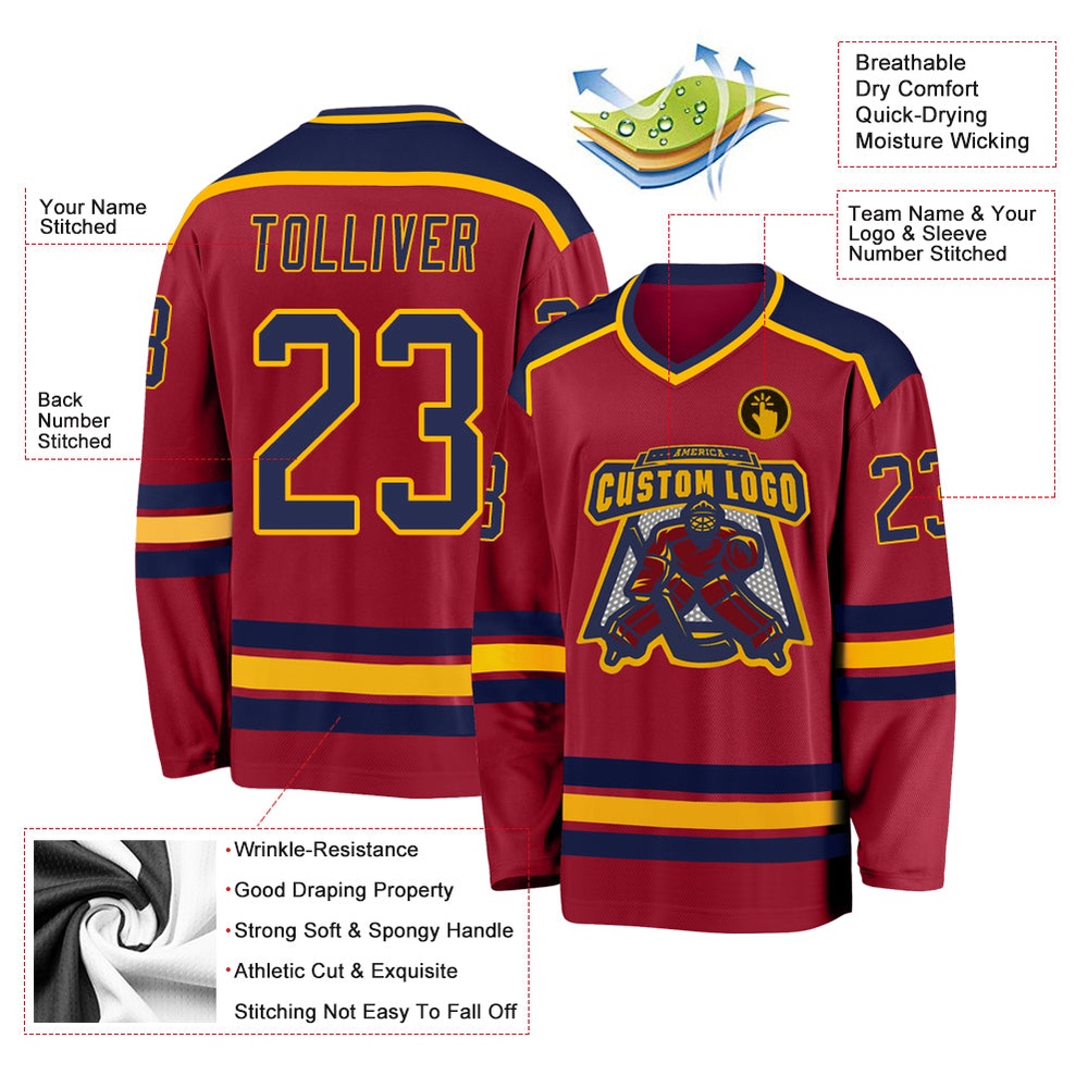 Custom Maroon Navy Gold Hockey Jersey, New Hockey Jersey, Personali Sport Team Jersey Shirt