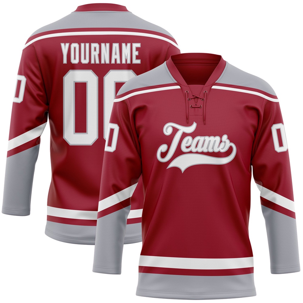 Custom Maroon White Gray Hockey Lace Neck Jersey, New Hockey Jersey, Personali Sport Team Jersey Shirt