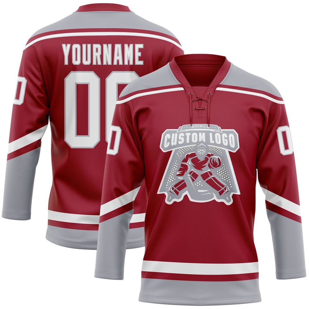 Custom Maroon White Gray Hockey Lace Neck Jersey, New Hockey Jersey, Personali Sport Team Jersey Shirt