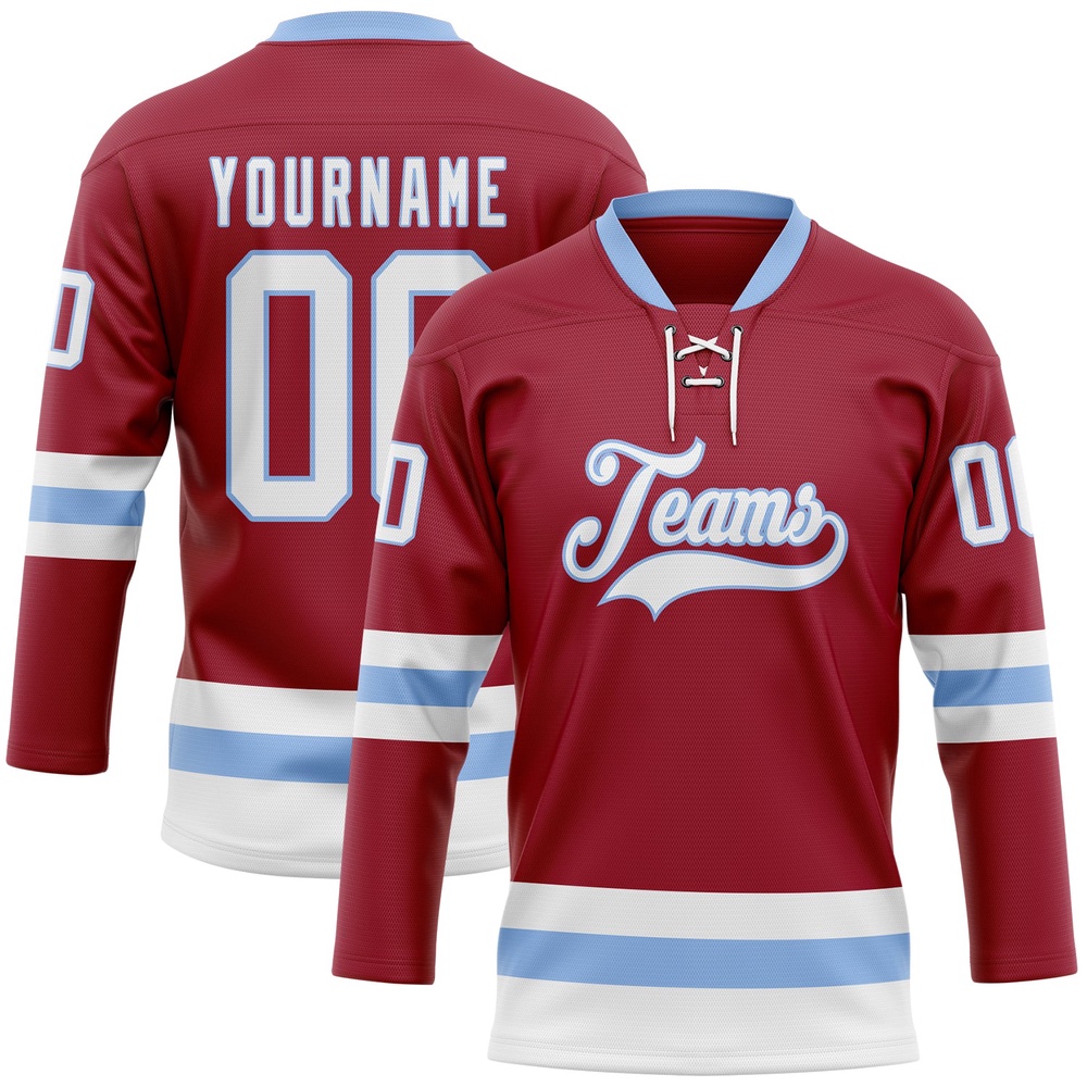 Custom Maroon White Light Blue Hockey Lace Neck Jersey, New Hockey Jersey, Personali Sport Team Jersey Shirt