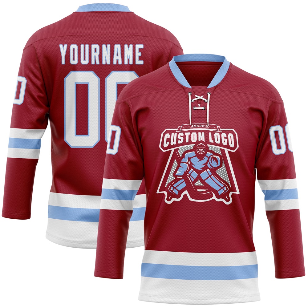 Custom Maroon White Light Blue Hockey Lace Neck Jersey, New Hockey Jersey, Personali Sport Team Jersey Shirt