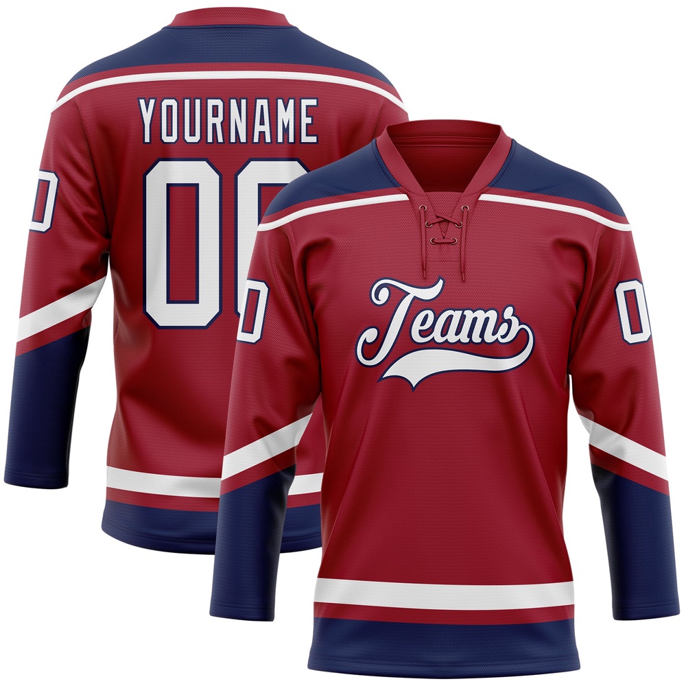 Custom Maroon White Navy Hockey Lace Neck Jersey, New Hockey Jersey, Personali Sport Team Jersey Shirt