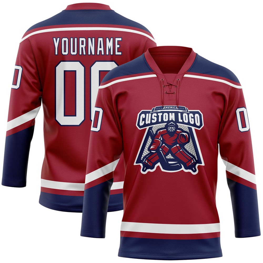 Custom Maroon White Navy Hockey Lace Neck Jersey, New Hockey Jersey, Personali Sport Team Jersey Shirt