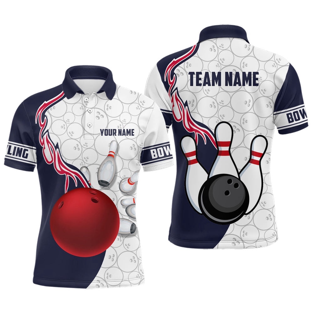 Custom Men Bowling Polo Shirts Bowling Ball And Pins Team League Bowling Polo Shirt Outfit, Personalized Bowling Team Shirt