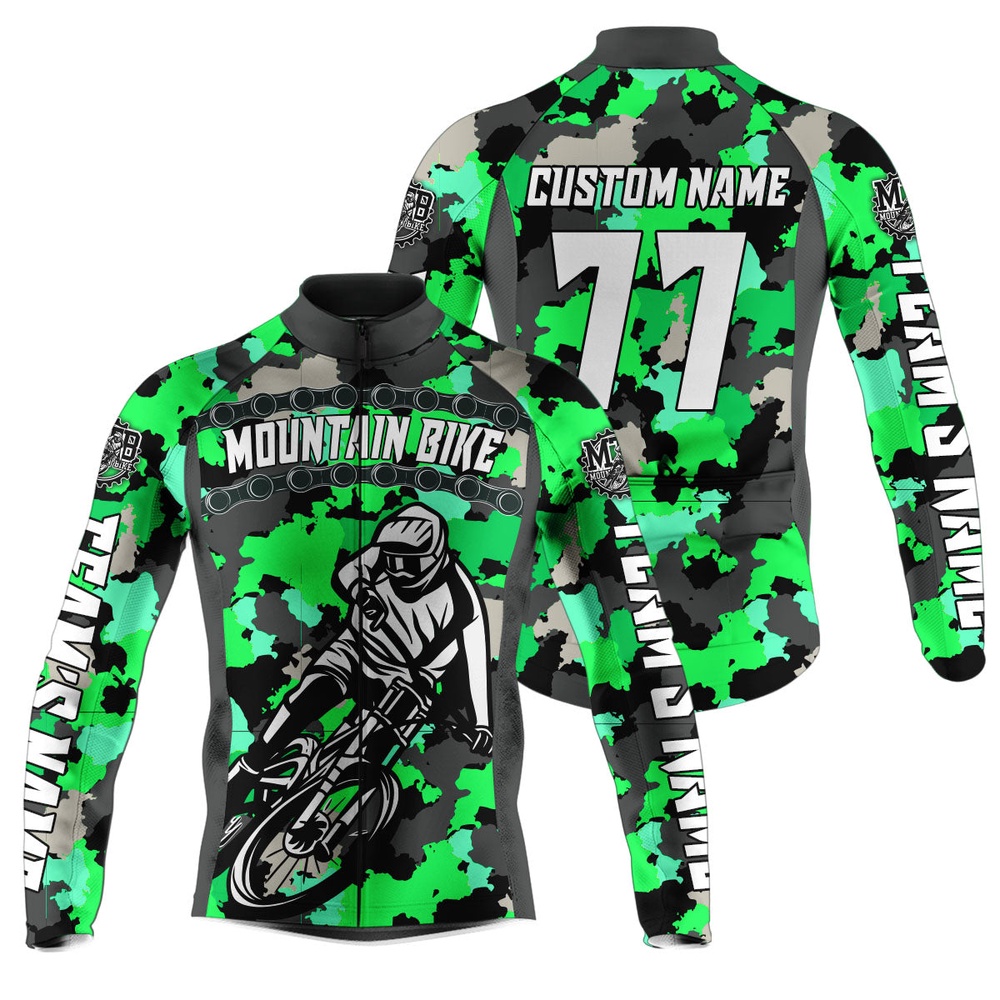 Custom Mens Cycling Jersey Green Camo Anti Uv Full Zip With 3 Pockets Motocross Road Cycle Gear, Custom Mono Cycling Jersey