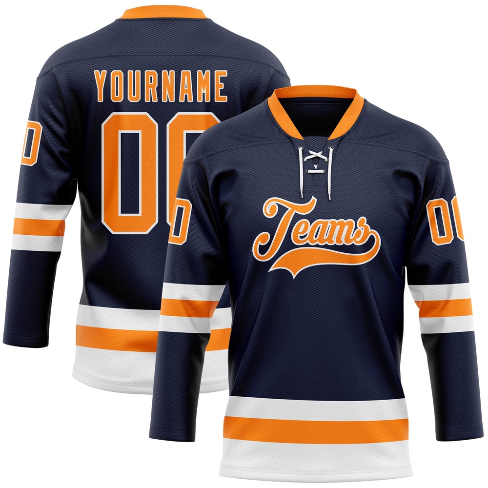 Custom Navy Bay Orange White Hockey Lace Neck Jersey, New Hockey Jersey, Personali Sport Team Jersey Shirt