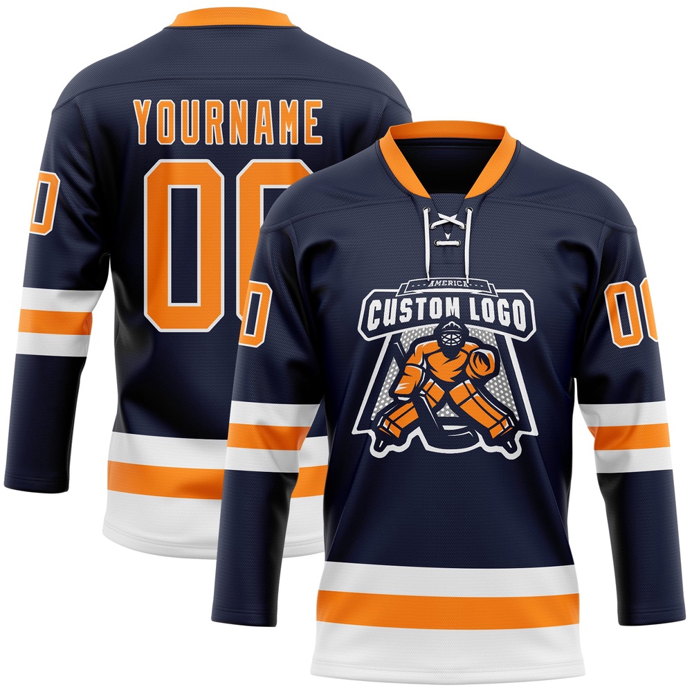 Custom Navy Bay Orange White Hockey Lace Neck Jersey, New Hockey Jersey, Personali Sport Team Jersey Shirt