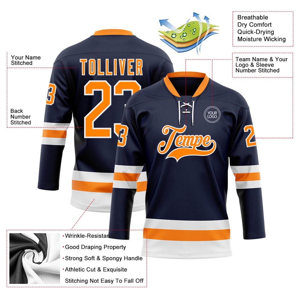 Custom Navy Bay Orange White Hockey Lace Neck Jersey, New Hockey Jersey, Personali Sport Team Jersey Shirt