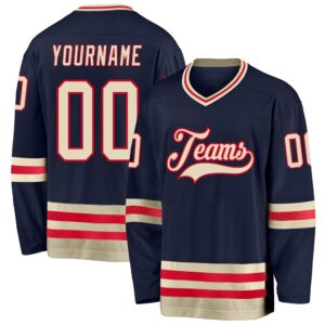 Custom Navy Cream Red Hockey Jersey, New&hellip;