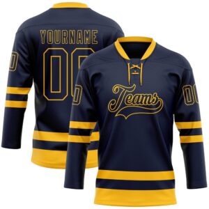 Custom Navy Gold Hockey Lace Neck Jersey,&hellip;