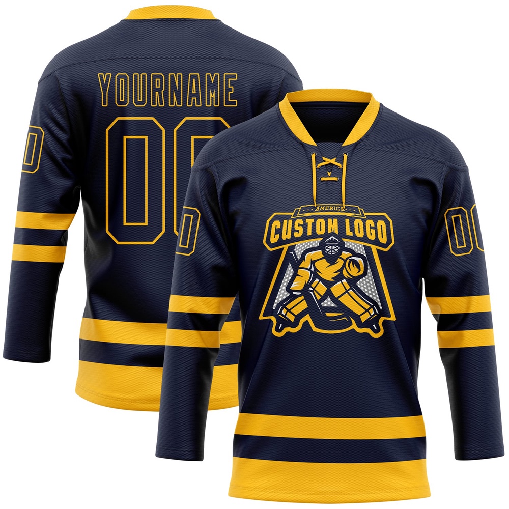 Custom Navy Gold Hockey Lace Neck Jersey, New Hockey Jersey, Personali Sport Team Jersey Shirt