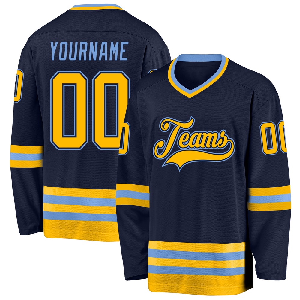 Custom Navy Gold Light Blue Hockey Jersey, New Hockey Jersey, Personali Sport Team Jersey Shirt Custom Navy Gold Light Blue Hockey Jersey, New Hockey Jersey, Personali Sport Team Jersey Shirt