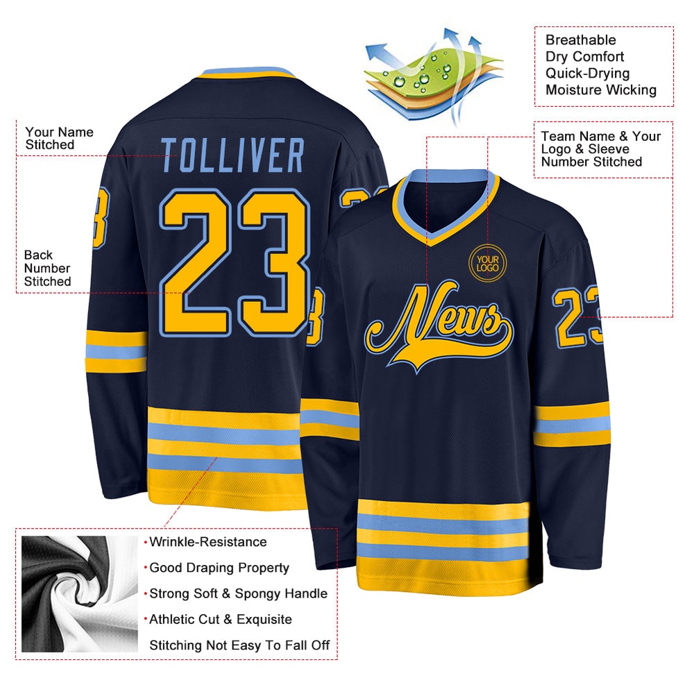 Custom Navy Gold Light Blue Hockey Jersey, New Hockey Jersey, Personali Sport Team Jersey Shirt Custom Navy Gold Light Blue Hockey Jersey, New Hockey Jersey, Personali Sport Team Jersey Shirt