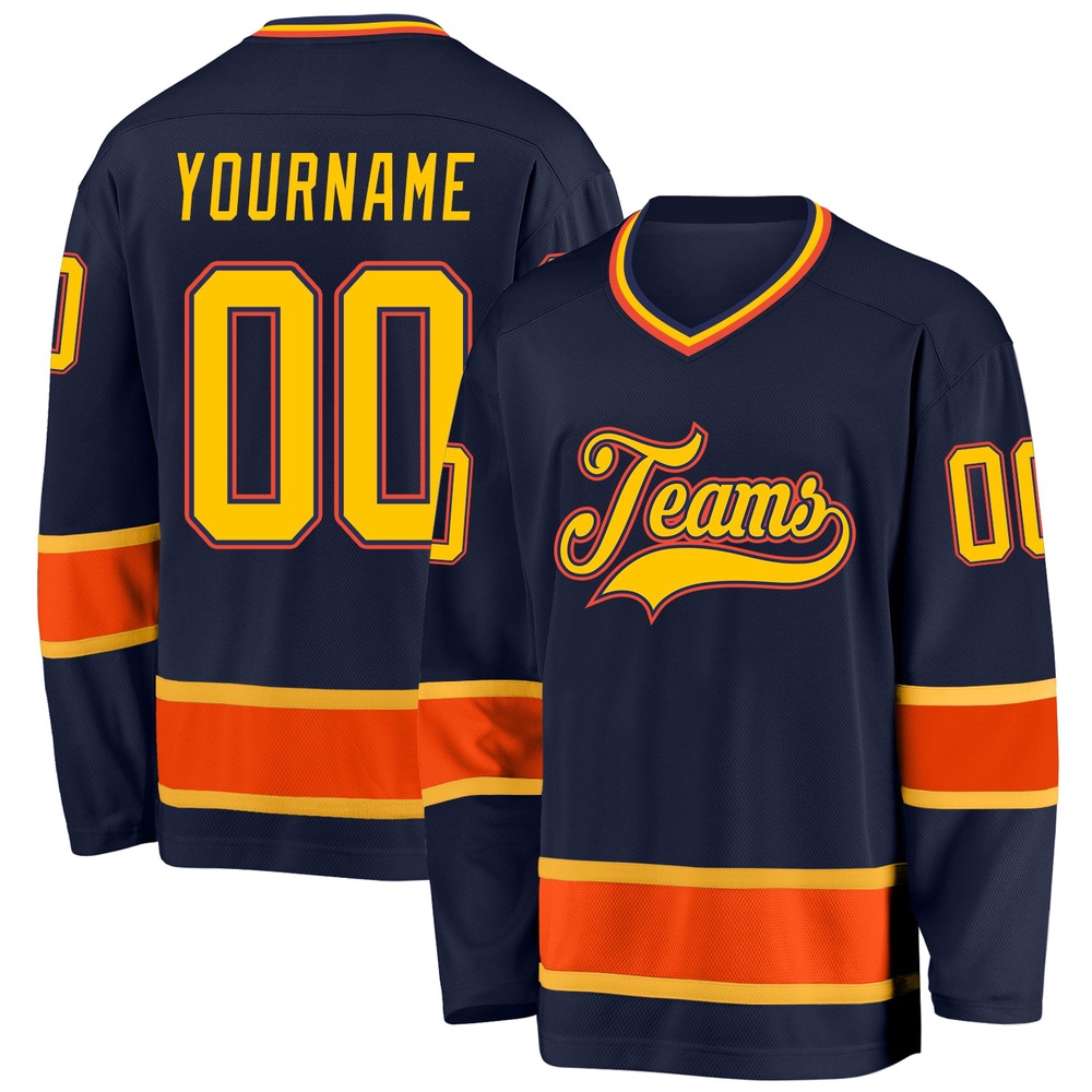 Custom Navy Gold Orange Hockey Jersey, New Hockey Jersey, Personali Sport Team Jersey Shirt