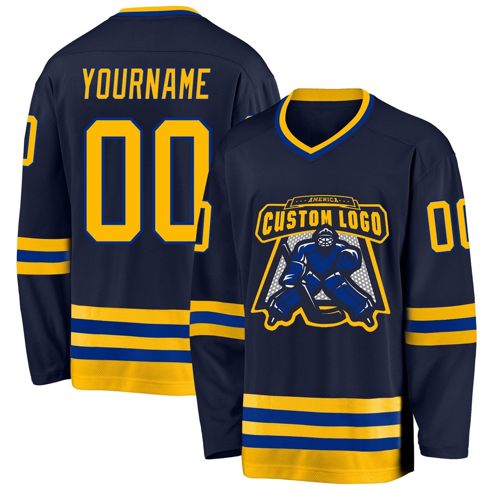 Custom Navy Gold Royal Hockey Jersey, New Hockey Jersey, Personali Sport Team Jersey Shirt