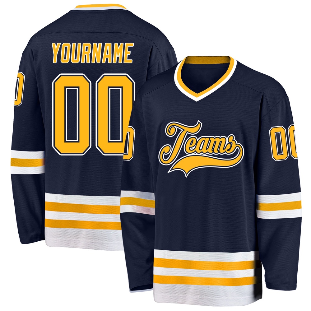 Custom Navy Gold White Hockey Jersey, New Hockey Jersey, Personali Sport Team Jersey Shirt Custom Navy Gold White Hockey Jersey, New Hockey Jersey, Personali Sport Team Jersey Shirt