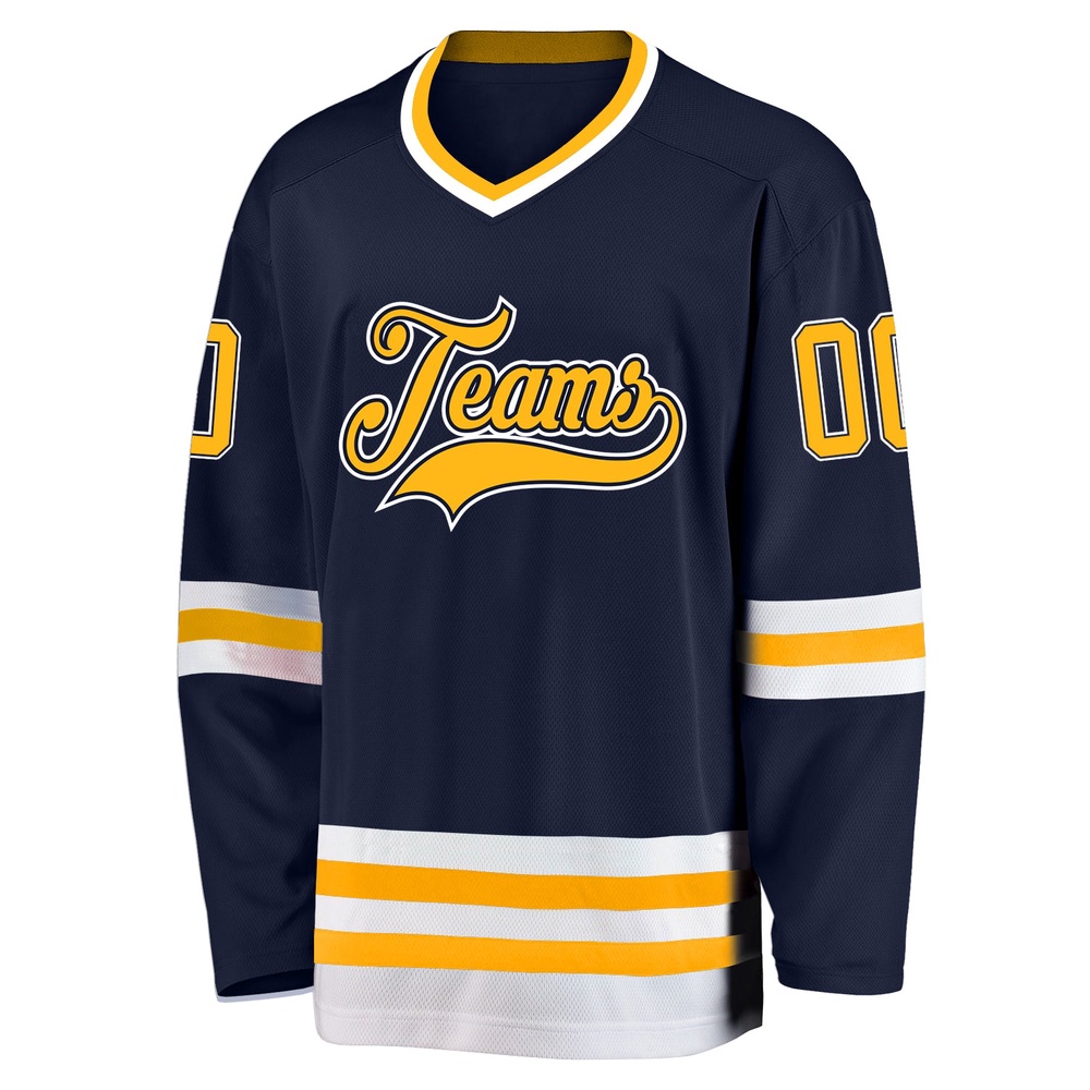 Custom Navy Gold White Hockey Jersey, New Hockey Jersey, Personali Sport Team Jersey Shirt Custom Navy Gold White Hockey Jersey, New Hockey Jersey, Personali Sport Team Jersey Shirt