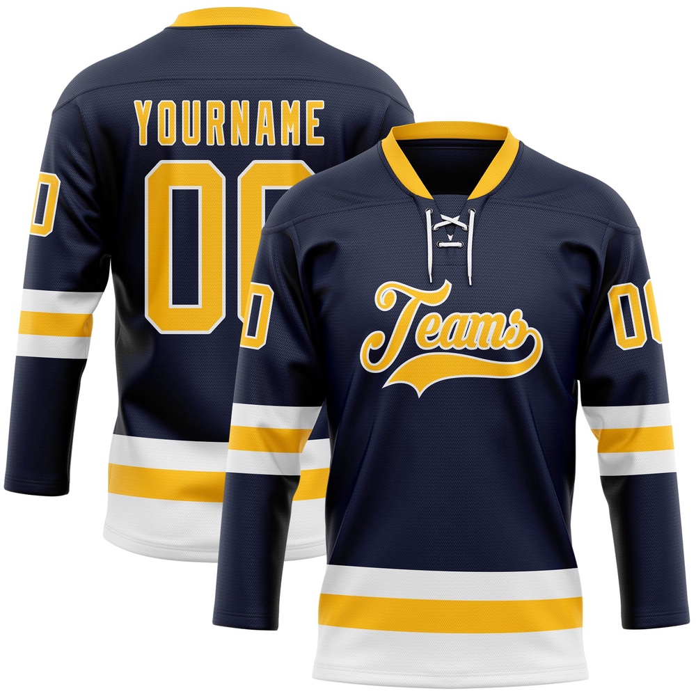 Custom Navy Gold White Hockey Lace Neck Jersey, New Hockey Jersey, Personali Sport Team Jersey Shirt