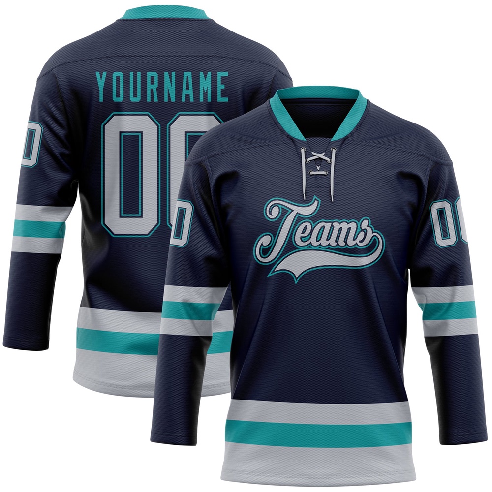 Custom Navy Gray Teal Hockey Lace Neck Jersey, New Hockey Jersey, Personali Sport Team Jersey Shirt
