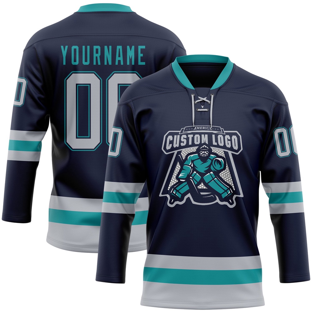 Custom Navy Gray Teal Hockey Lace Neck Jersey, New Hockey Jersey, Personali Sport Team Jersey Shirt