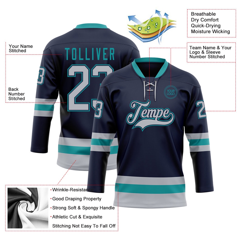 Custom Navy Gray Teal Hockey Lace Neck Jersey, New Hockey Jersey, Personali Sport Team Jersey Shirt