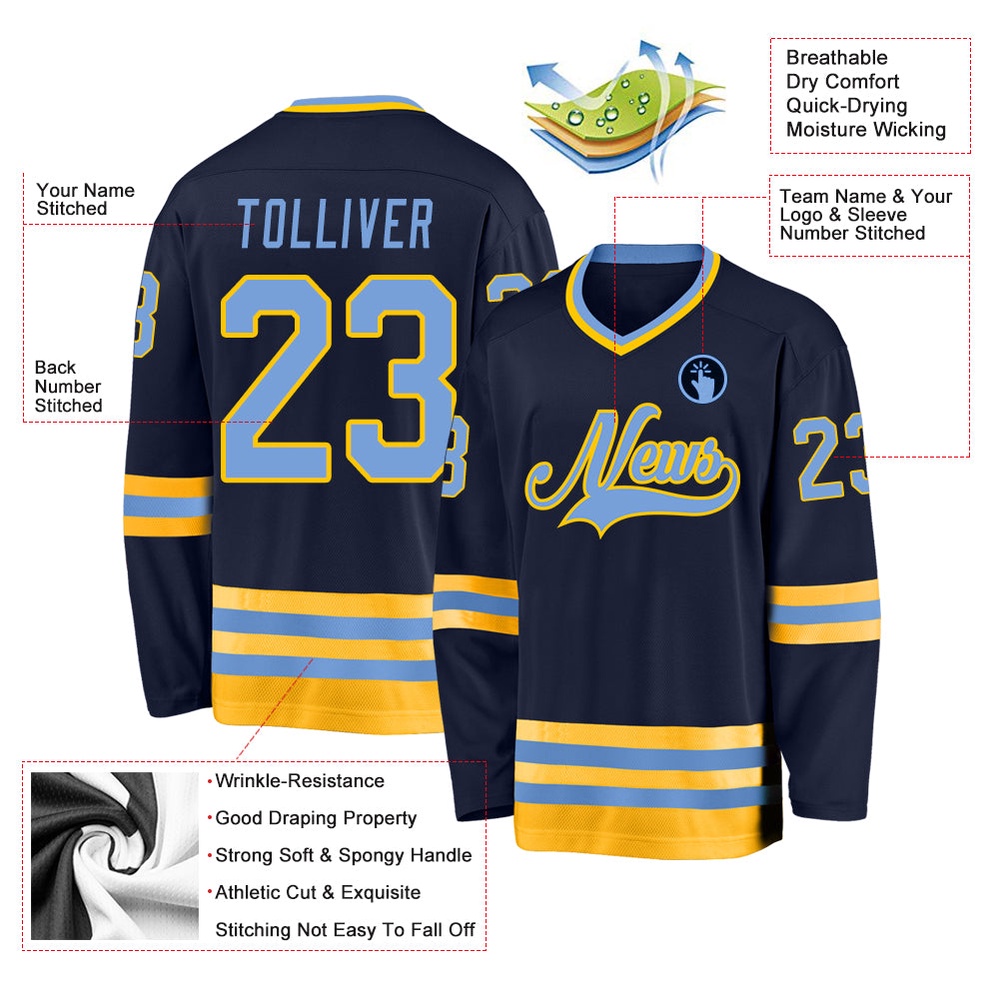 Custom Navy Light Blue Gold Hockey Jersey, New Hockey Jersey, Personali Sport Team Jersey Shirt Custom Navy Light Blue Gold Hockey Jersey, New Hockey Jersey, Personali Sport Team Jersey Shirt