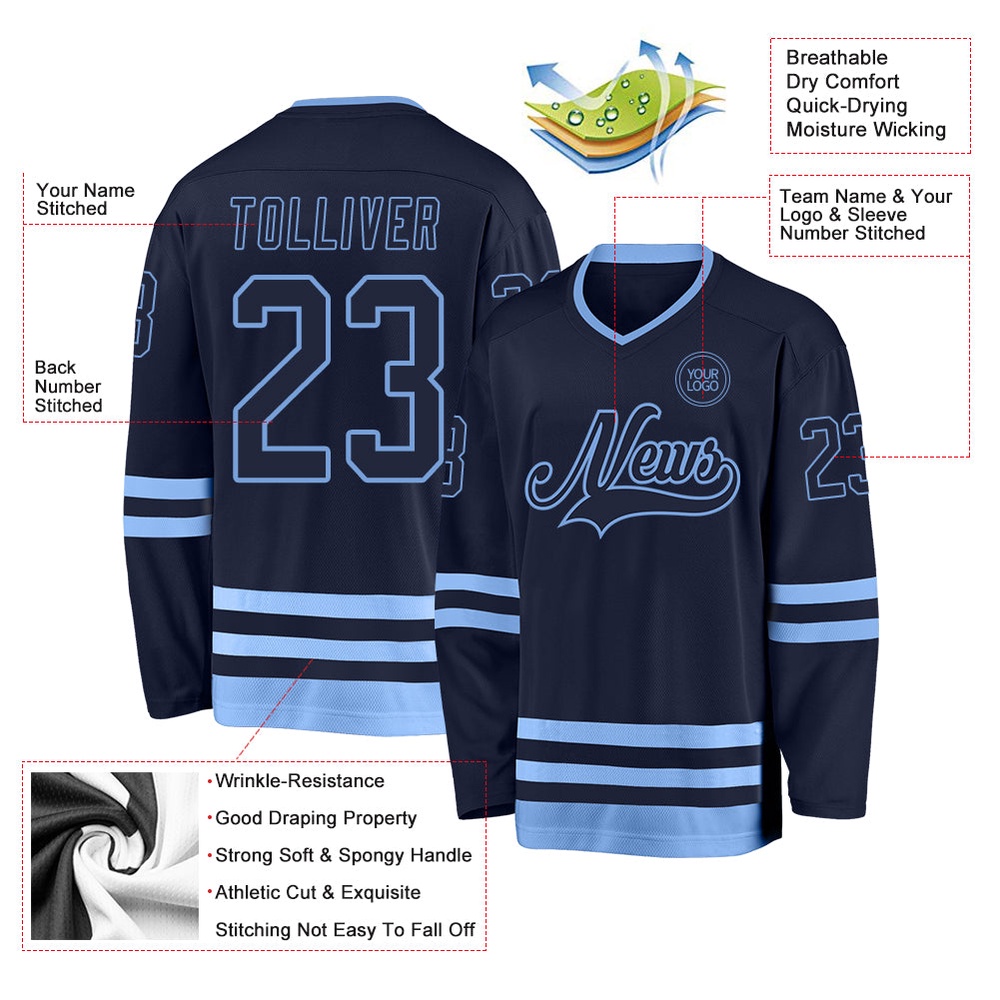 Custom Navy Light Blue Hockey Jersey, New Hockey Jersey, Personali Sport Team Jersey Shirt Custom Navy Light Blue Hockey Jersey, New Hockey Jersey, Personali Sport Team Jersey Shirt