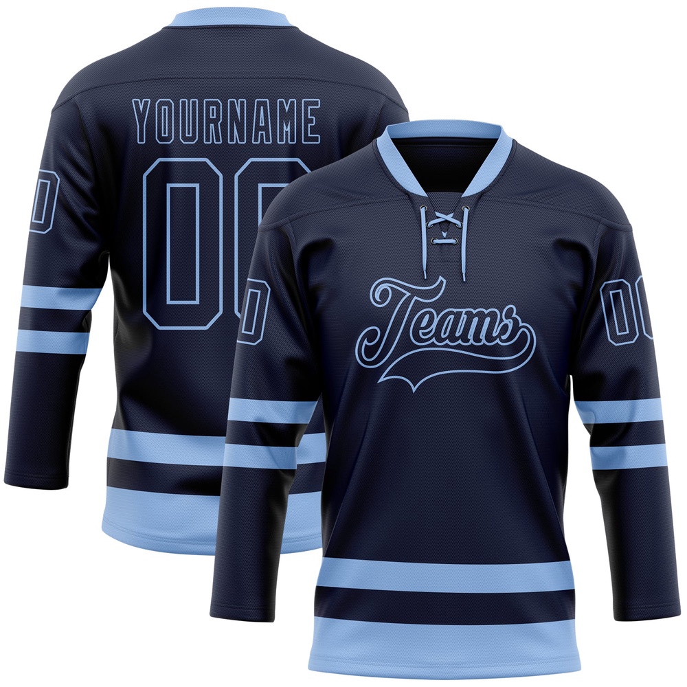 Custom Navy Light Blue Hockey Lace Neck Jersey, New Hockey Jersey, Personali Sport Team Jersey Shirt
