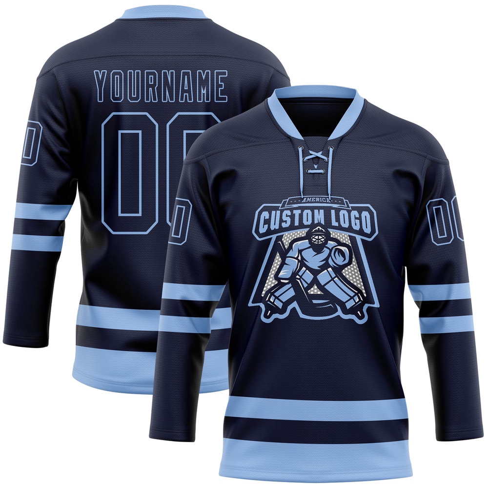 Custom Navy Light Blue Hockey Lace Neck Jersey, New Hockey Jersey, Personali Sport Team Jersey Shirt