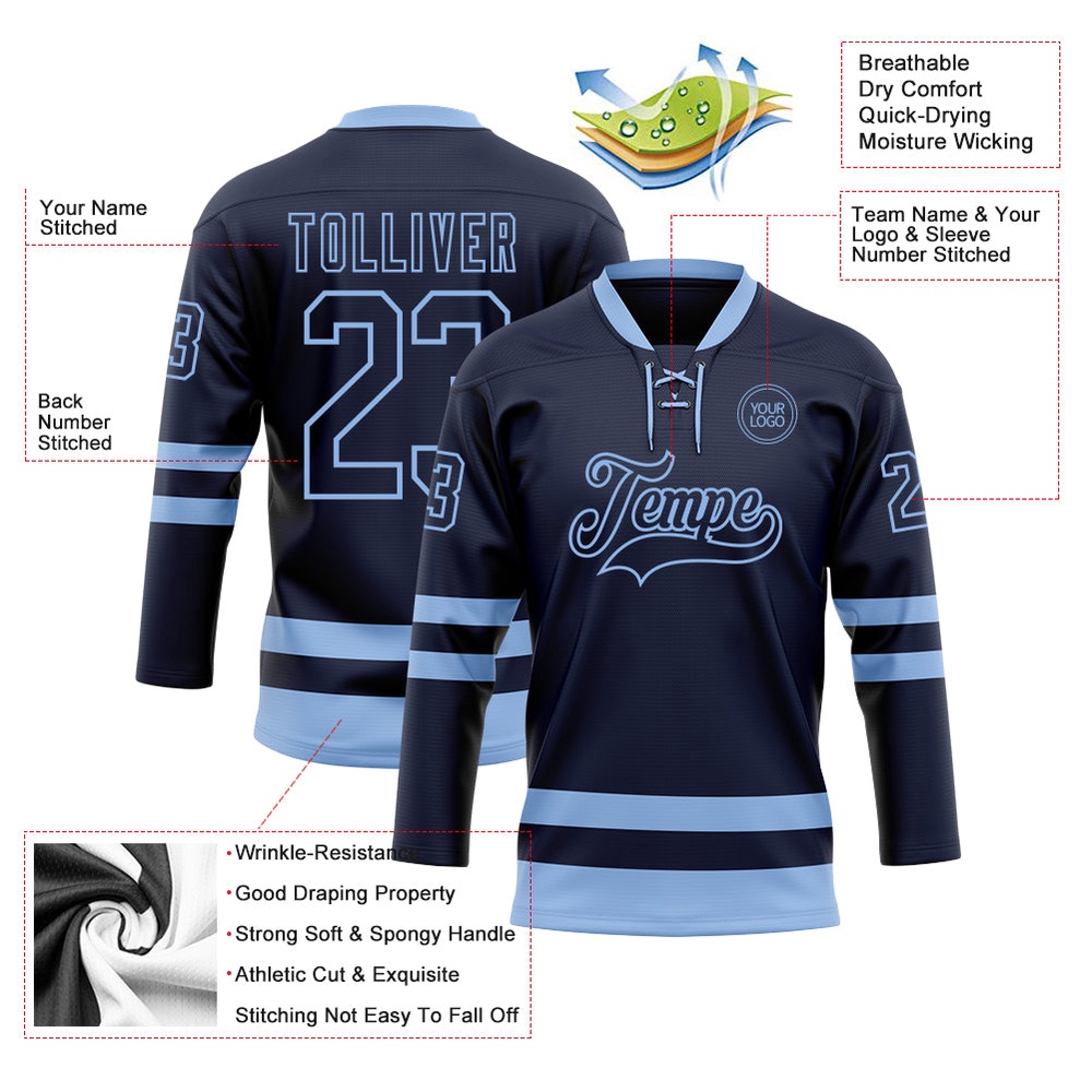 Custom Navy Light Blue Hockey Lace Neck Jersey, New Hockey Jersey, Personali Sport Team Jersey Shirt