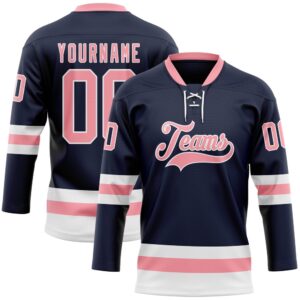 Custom Navy Medium Pink White Hockey Lace&hellip;