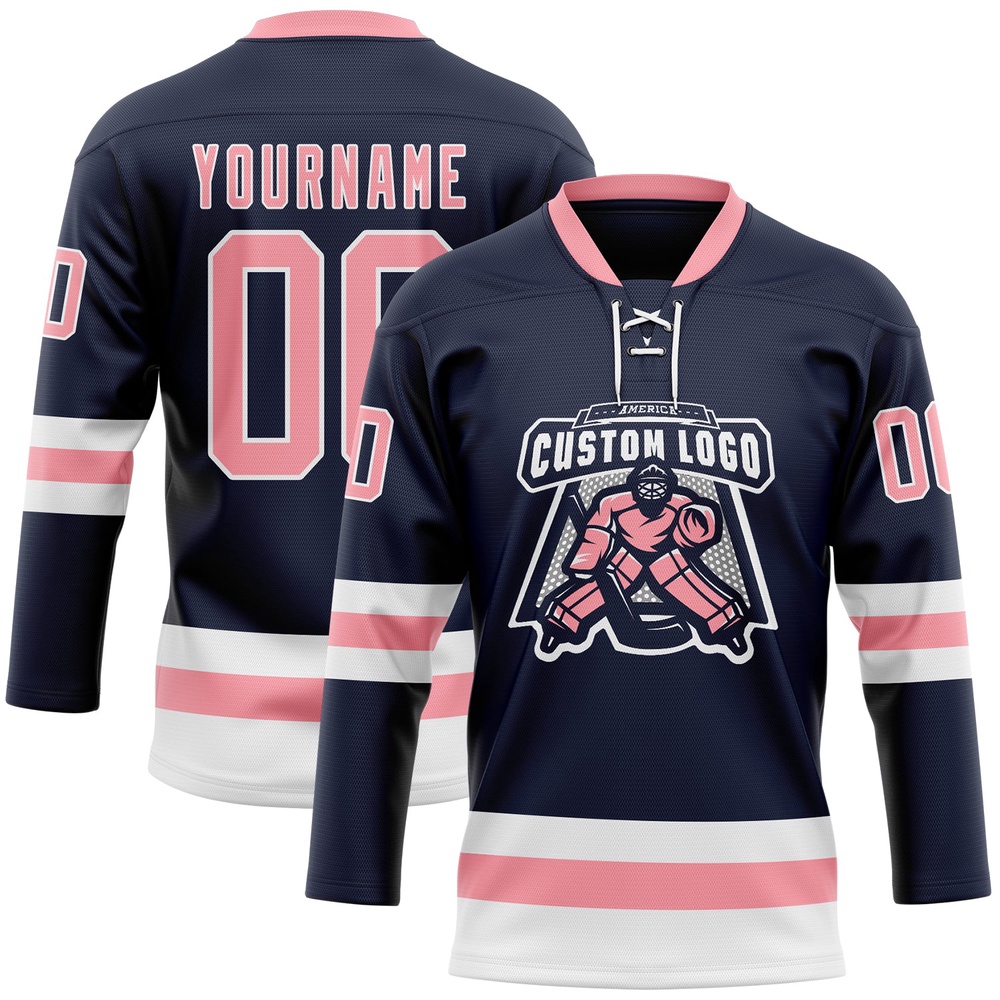Custom Navy Medium Pink White Hockey Lace Neck Jersey, New Hockey Jersey, Personali Sport Team Jersey Shirt Custom Navy Medium Pink White Hockey Lace Neck Jersey, New Hockey Jersey, Personali Sport Team Jersey Shirt