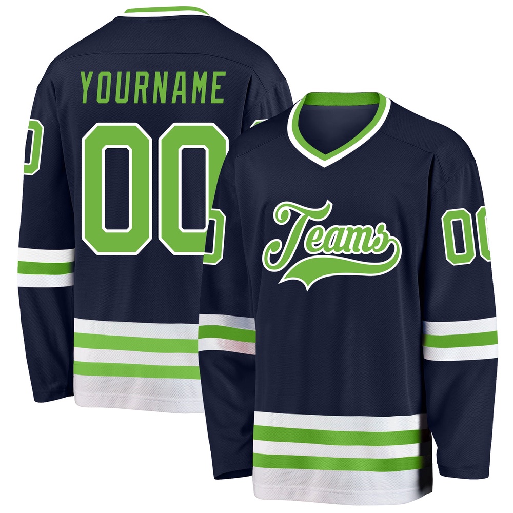 Custom Navy Neon Green White Hockey Jersey, New Hockey Jersey, Personali Sport Team Jersey Shirt