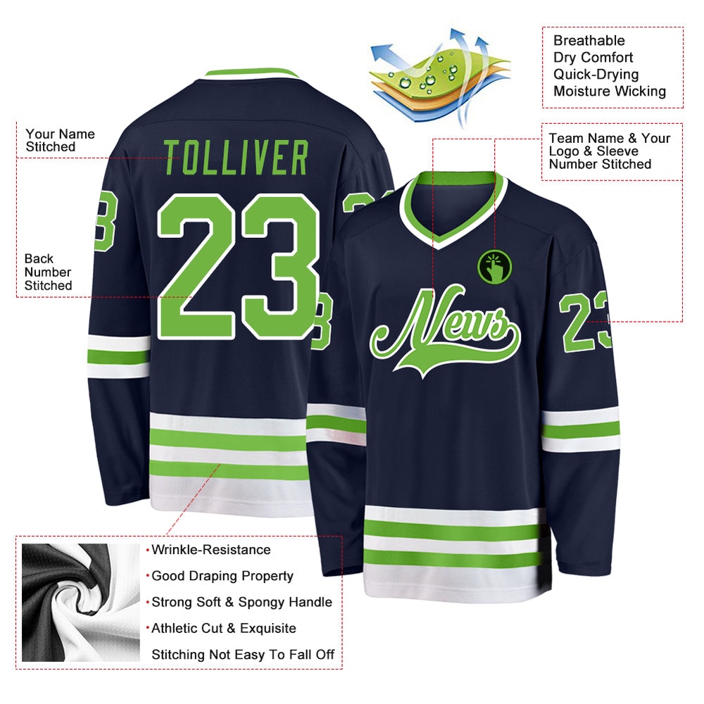 Custom Navy Neon Green White Hockey Jersey, New Hockey Jersey, Personali Sport Team Jersey Shirt