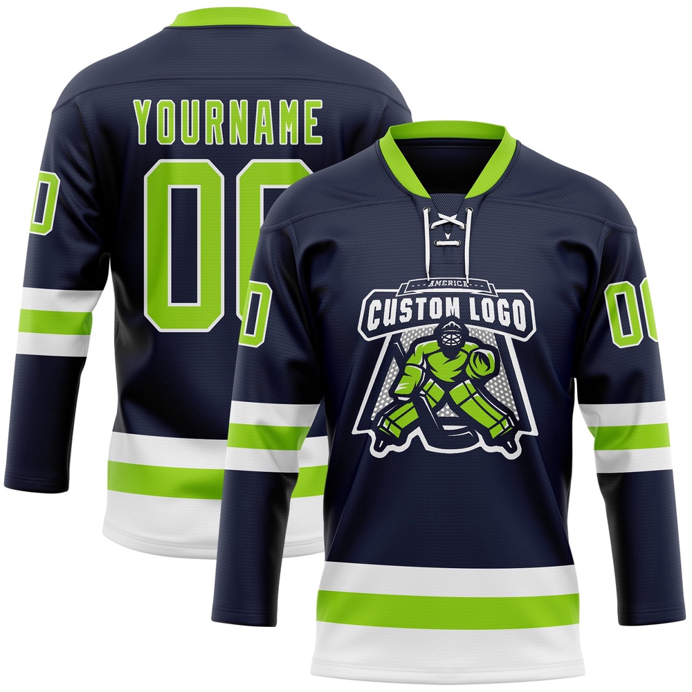 Custom Navy Neon Green White Hockey Lace Neck Jersey, New Hockey Jersey, Personali Sport Team Jersey Shirt