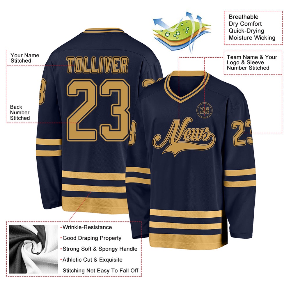 Custom Navy Old Gold Hockey Jersey, New Hockey Jersey, Personali Sport Team Jersey Shirt Custom Navy Old Gold Hockey Jersey, New Hockey Jersey, Personali Sport Team Jersey Shirt