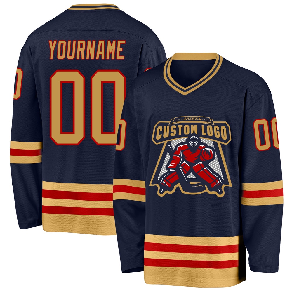 Custom Navy Old Gold Red Hockey Jersey, New Hockey Jersey, Personali Sport Team Jersey Shirt Custom Navy Old Gold Red Hockey Jersey, New Hockey Jersey, Personali Sport Team Jersey Shirt