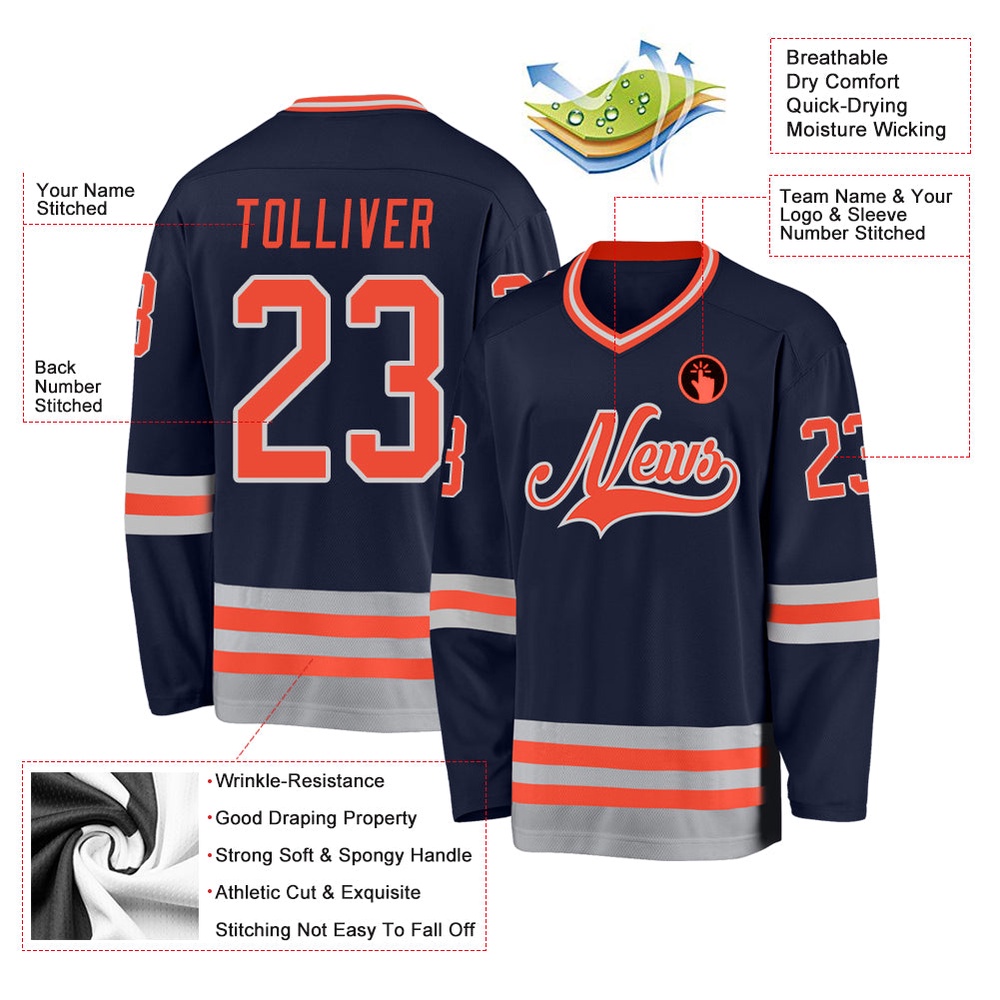 Custom Navy Orange Gray Hockey Jersey, New Hockey Jersey, Personali Sport Team Jersey Shirt