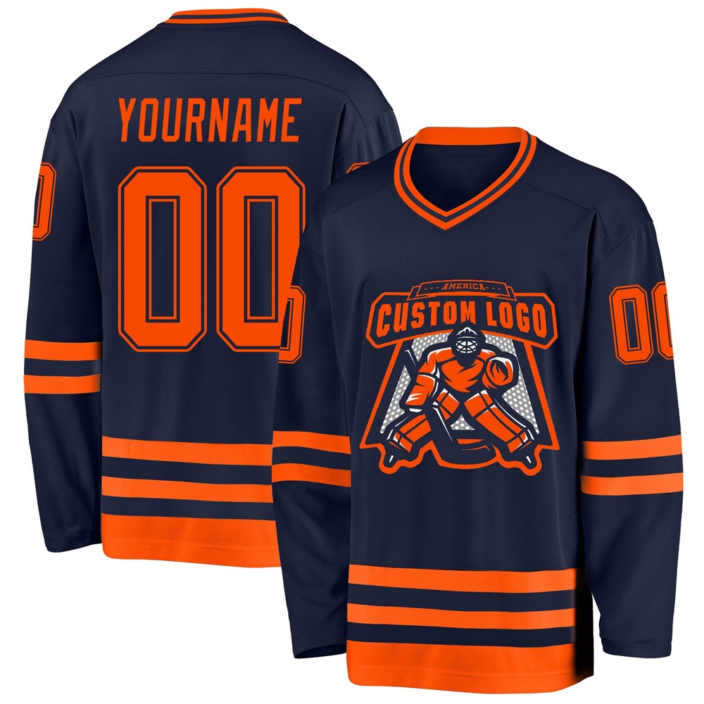 Custom Navy Orange Hockey Jersey, New Hockey Jersey, Personali Sport Team Jersey Shirt Custom Navy Orange Hockey Jersey, New Hockey Jersey, Personali Sport Team Jersey Shirt